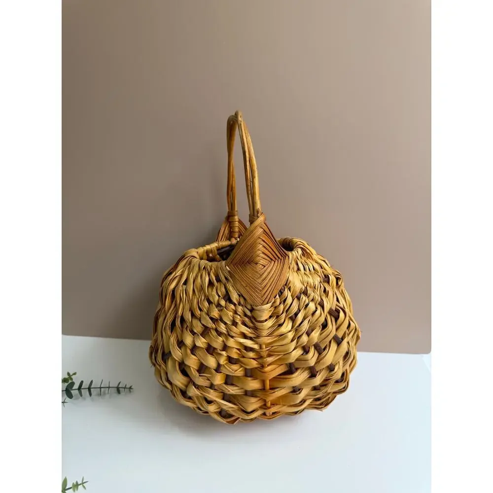 Vintage Handwoven Banana Leaf Basket with Handle | Cottagecore Farmhouse Rustic
